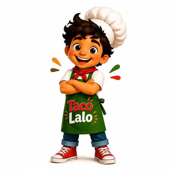 TacoLalo, niño chef con gorro y delantal verde