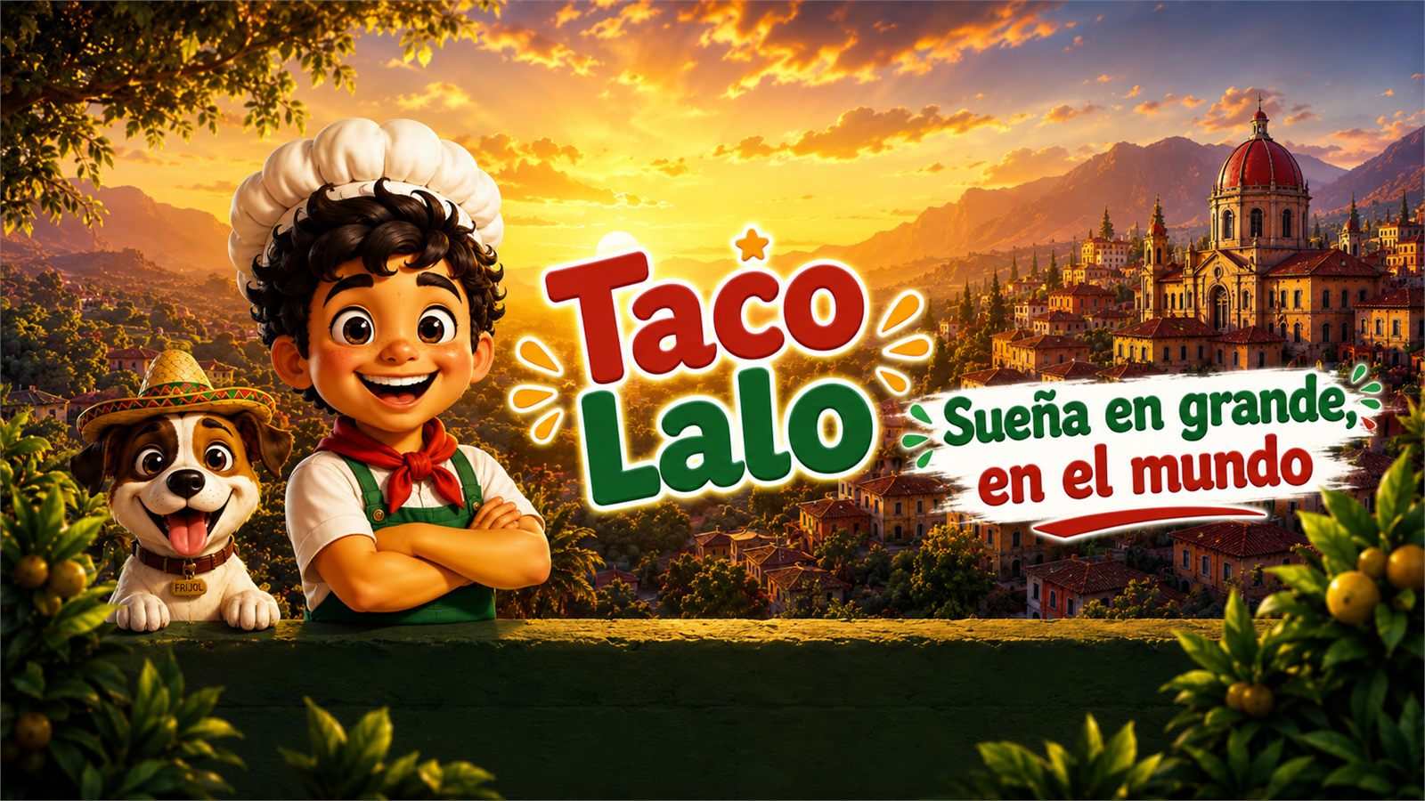 Lalo y su perro Frijol frente a Pueblo Sazón, bajo el lema «Sueña en grande, en el mundo»