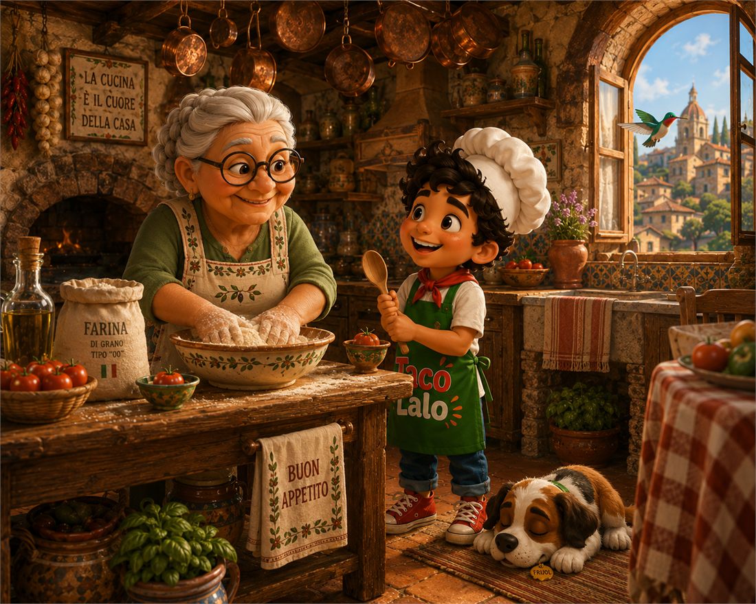 Abuela Rosa enseñando a Lalo a preparar masa en su cocina