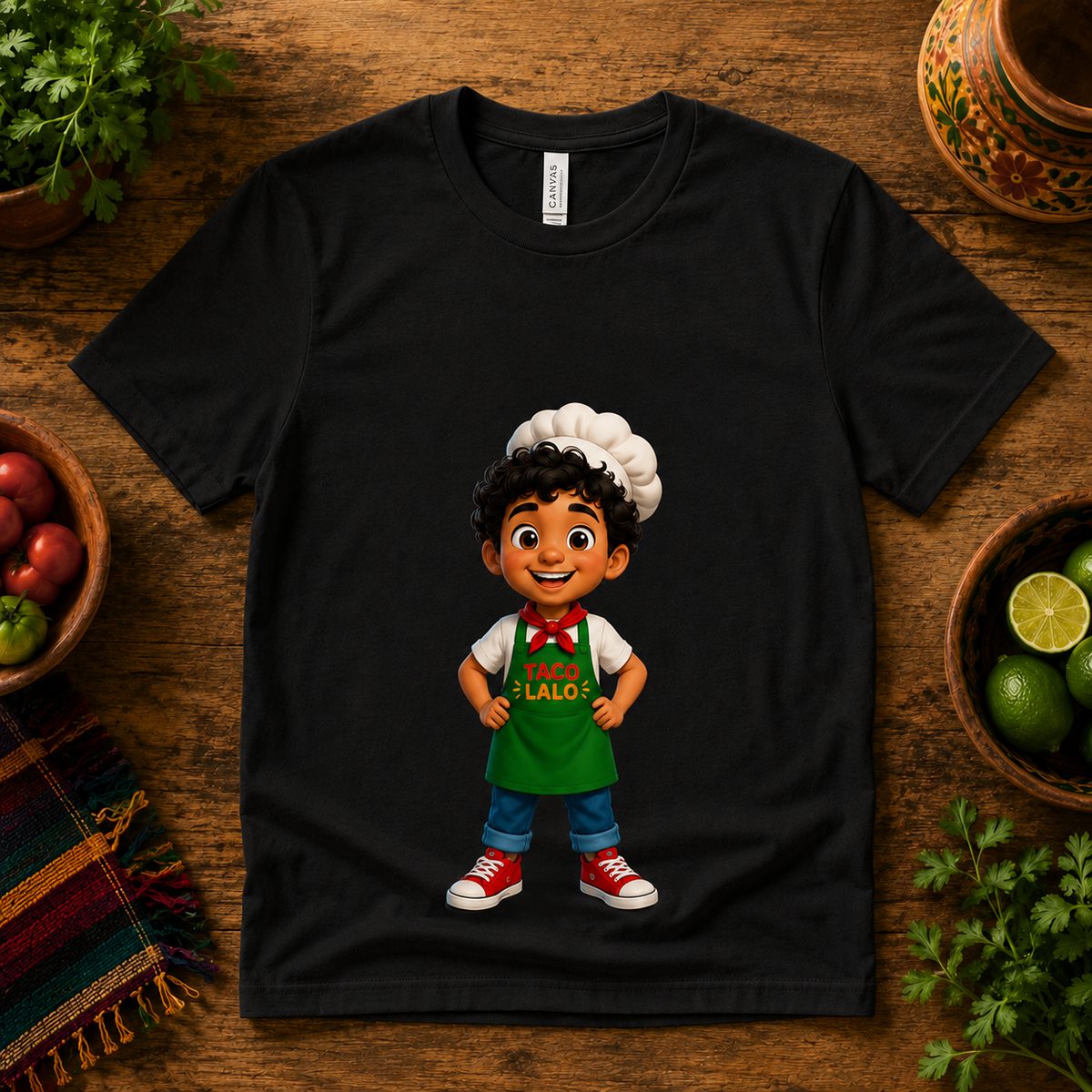 Playera blanca con el logo de TacoLalo